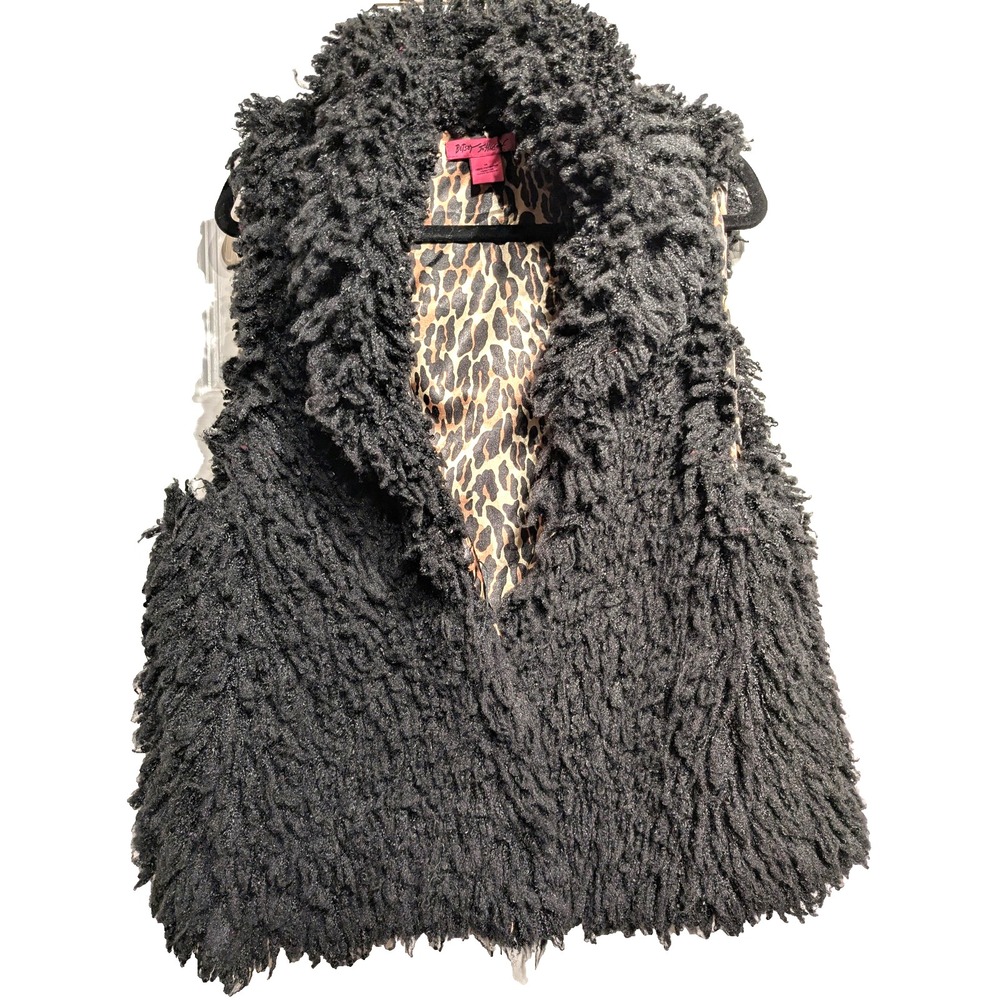 Betsey Johnson Vest Womens XL Faux Fur Shaggy Button Leopard Lined Statement